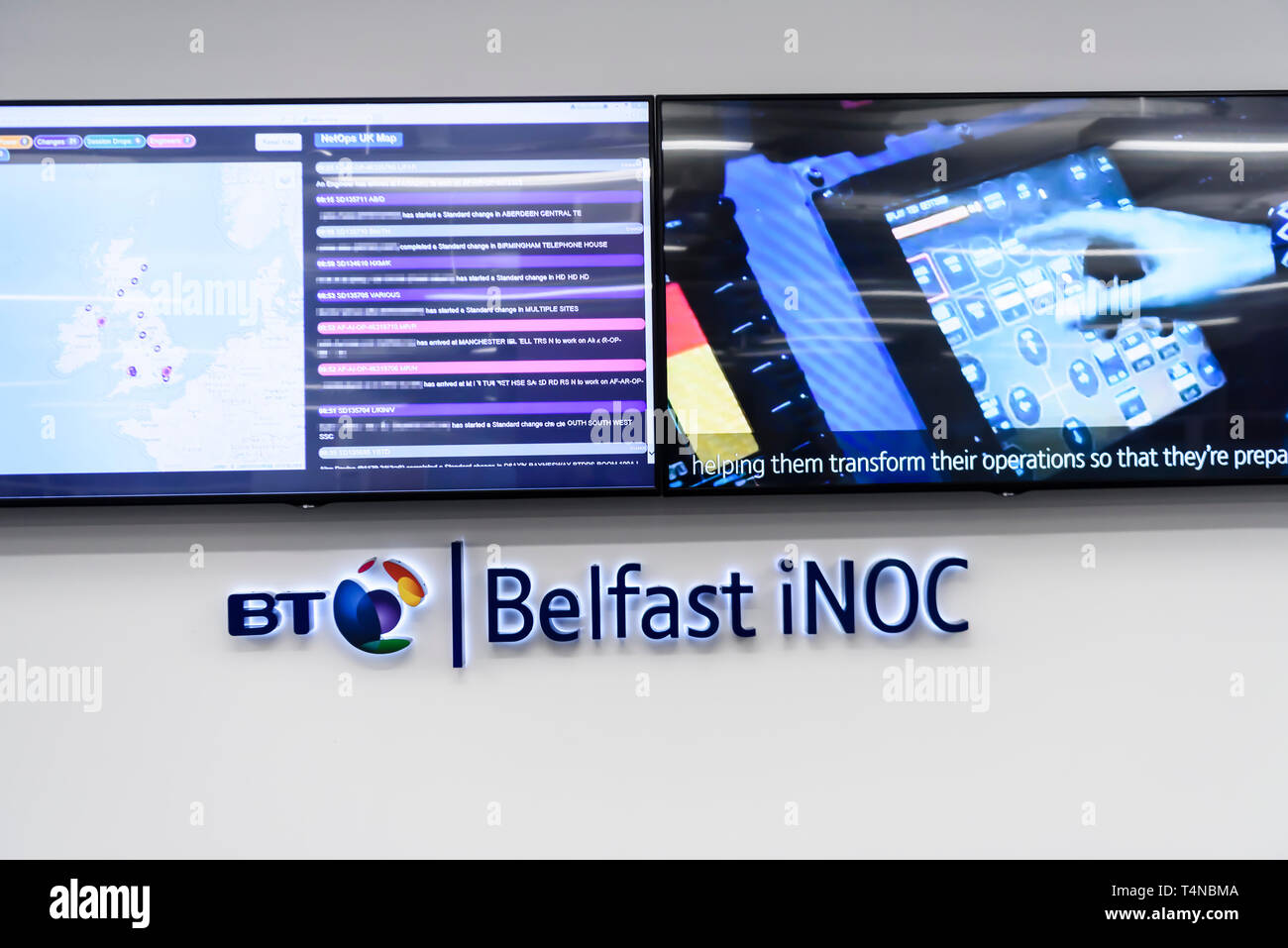 Innerhalb der BT-Network Control Center (iNOC), Belfast, Nordirland, Vereinigtes Königreich Stockfoto