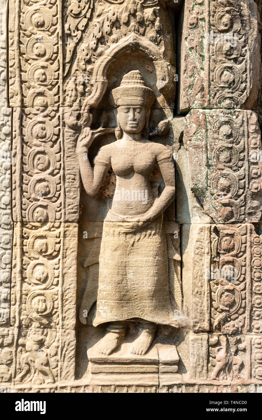 Geschnitzte menschliche Figur bei der UNESCO Welterbe archäologische Stätte von Preah Khan in Kambodscha Stockfoto