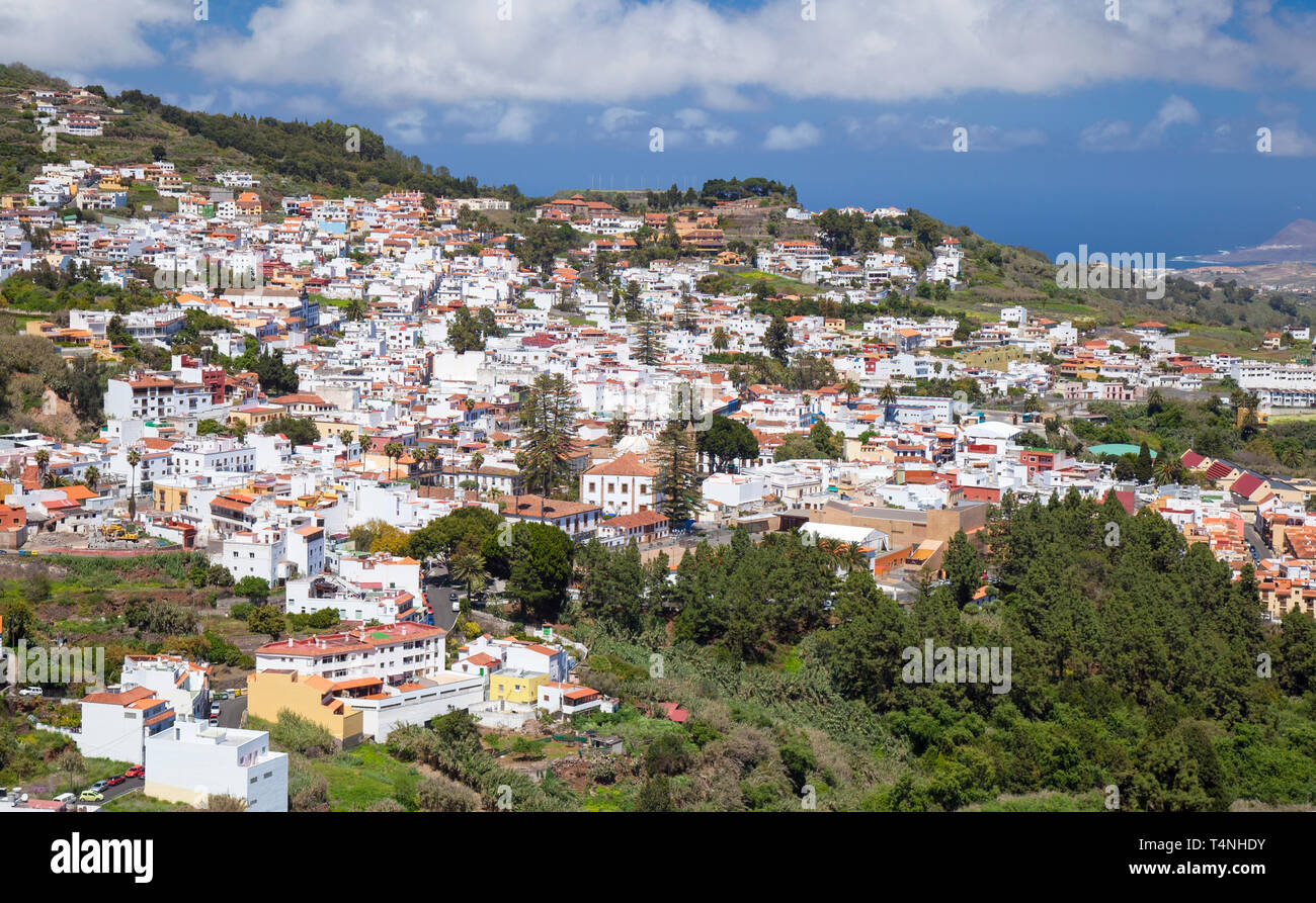 Gran Canaria, Luftaufnahme der historischen Stadt Teror von Cruz de Hoya Alta Stockfoto