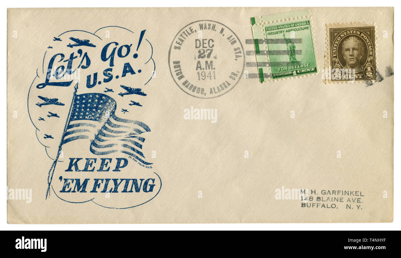 Uns historische Umschlag: Abdeckung mit patriotischen Gütesiegel Let's go USA Halten'Em fliegen und zwei Briefmarke für Verteidigung, Nathan Hale, Stornierung, 1941 Stockfoto