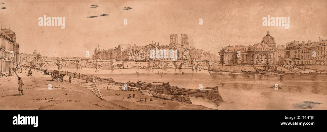 Blick auf die Pont Neuf, Teil des Louvre, Notre Dame, und das Kollegium der vier Nationen - Thomas Girtin, ca. 1802 Stockfoto