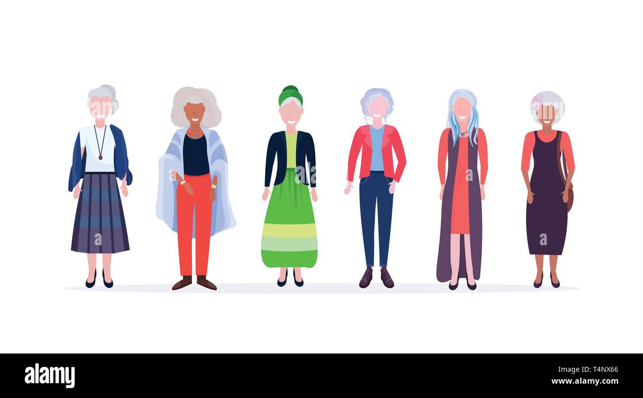 Casual reife Frauen gemeinsam lächelnd mix Rennen älteren Damen tragen trendige Kleidung weiblichen Zeichentrickfiguren in voller Länge flache weiße Stock Vektor