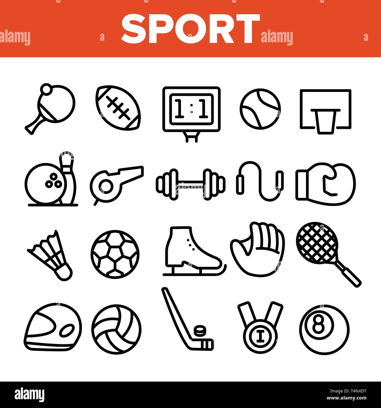 Sport Spiele Equipment Linear Vector Icons einstellen Stock Vektor