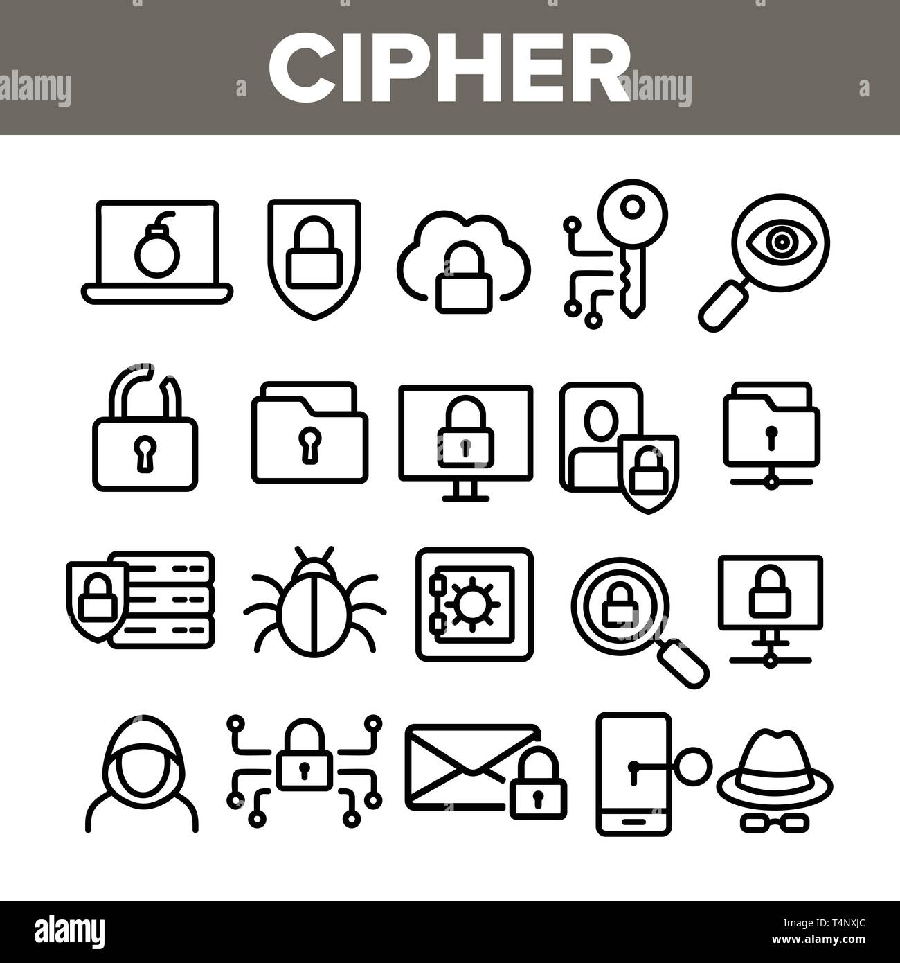 Cipher, Datenschutz lineare Vector Icons einstellen Stock Vektor