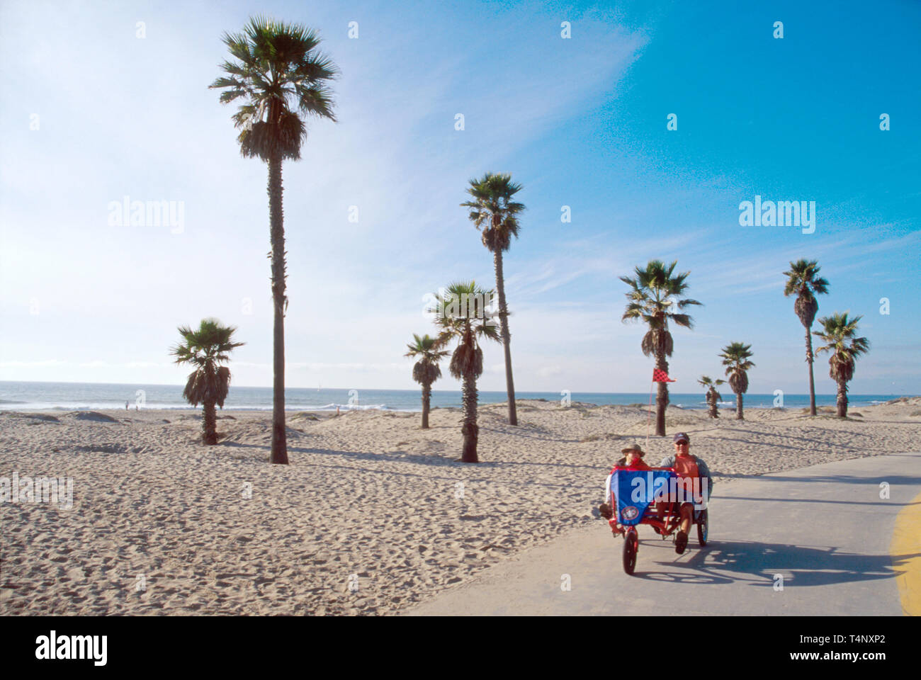 Oxnard California, Pazifikküste, Mandalay Beach, Palmen, Baumbäume, tropisch, Tropen, Paar, Erwachsene Erwachsene Männer Männer männlich, Frau Frauen weibliche Dame, Radtouren, Stockfoto