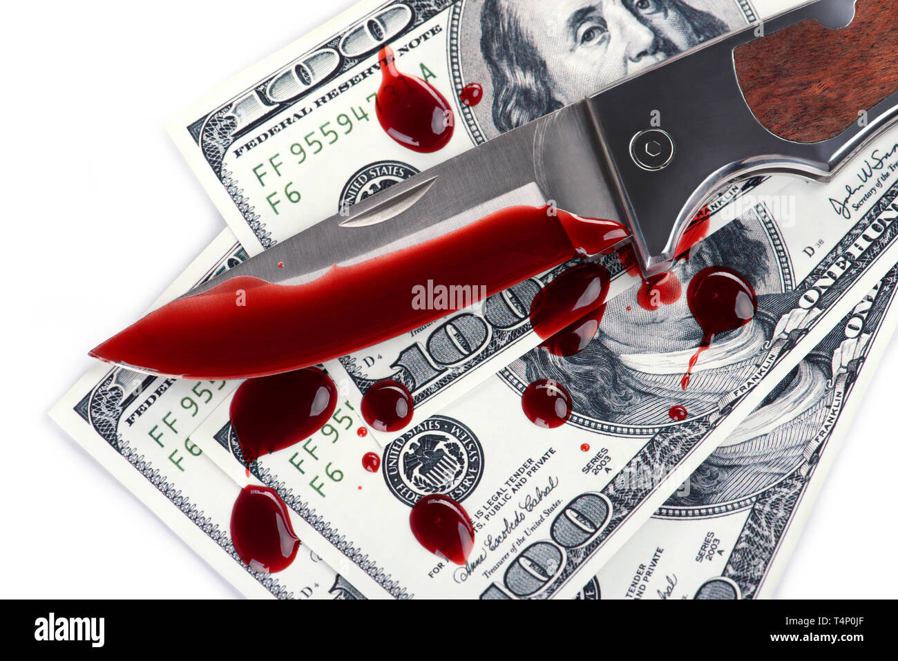 Кnife, Bargeld und Blut spritzt Stockfoto