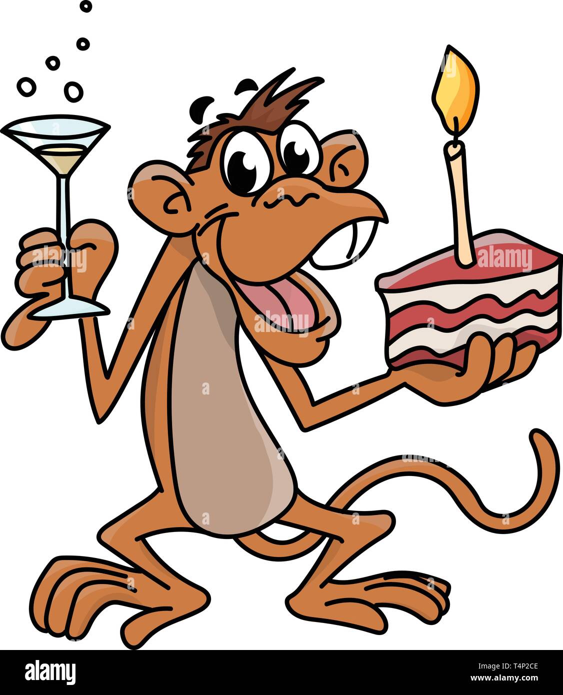 Cartoon monkey Holding einen Geburtstagskuchen mit der einen Hand und ein Glas Champagner mit Anderen, feiert Geburtstag Vector Illustration Stock Vektor