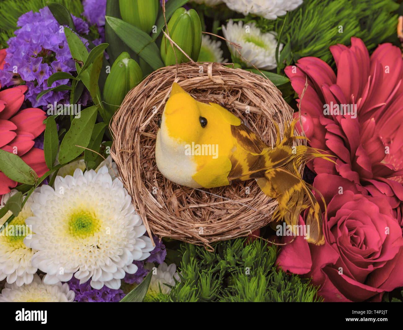 Nest mit kleinen Vogel in einem Strauß Blumen Ostern Stockfoto