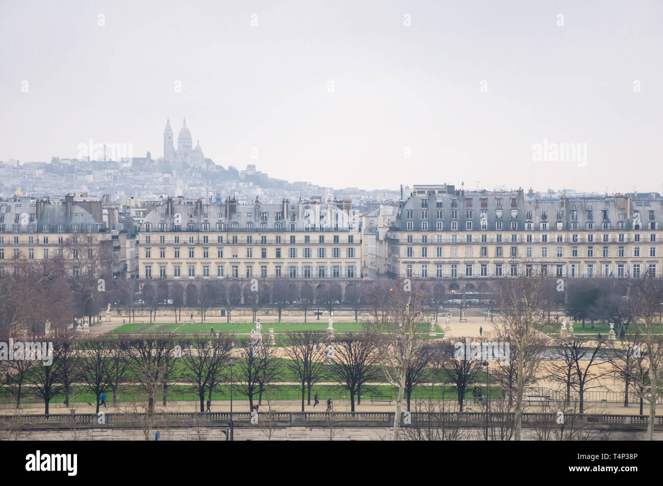 Blick von der Höhe auf den Jardin des Tuileries und der Tempel auf einem Hügel im Nebel in Paris, Frankreich Stockfoto
