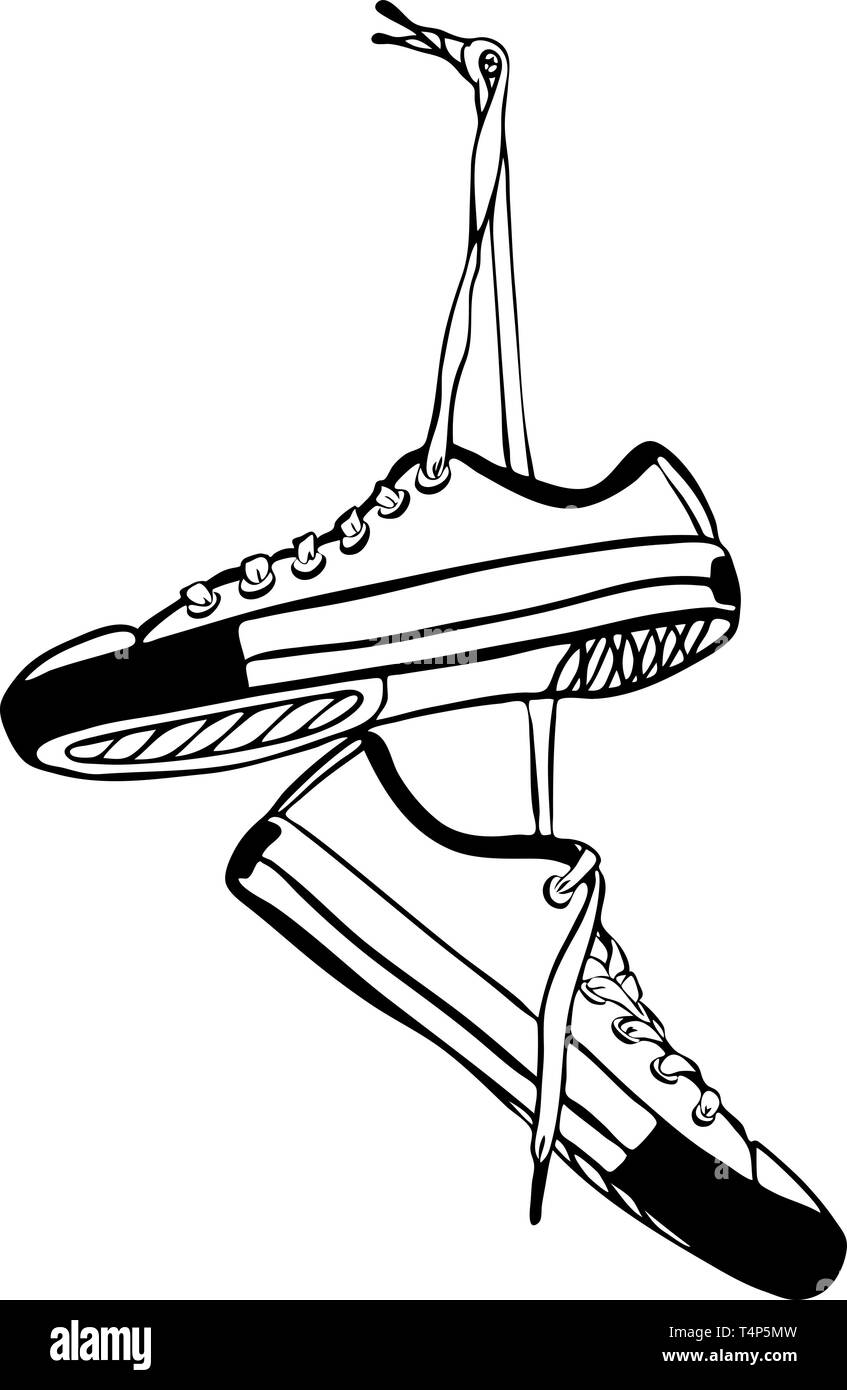 Paar sportliche Sneakers von handgezeichneten hängen an langen Spitzen.  Schwarzer Umriss zeichnen Stock-Vektorgrafik - Alamy