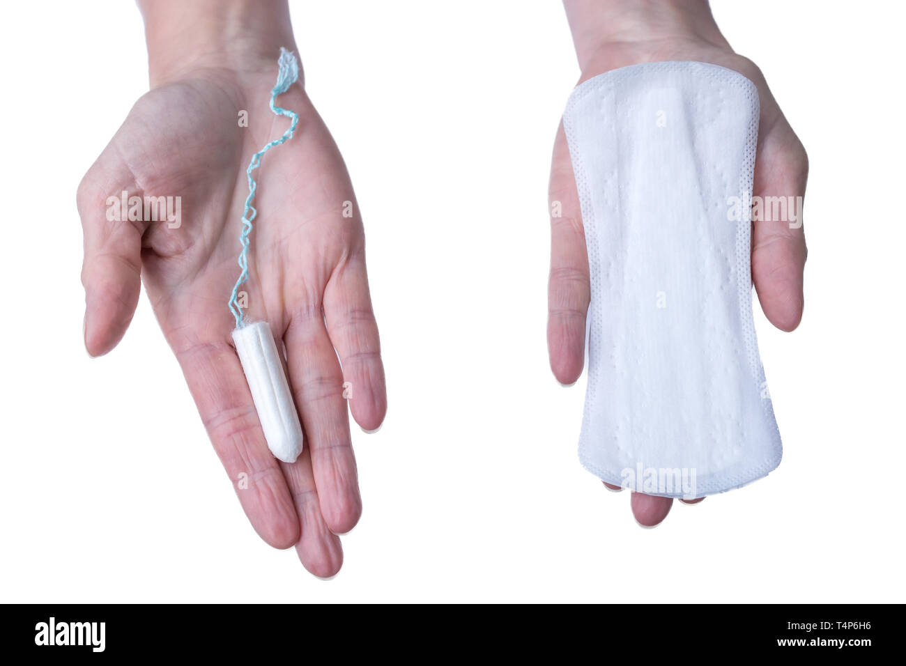Tampon und binde die Hygiene Artikel in der Frau die Hand vor weißem Hintergrund Stockfoto