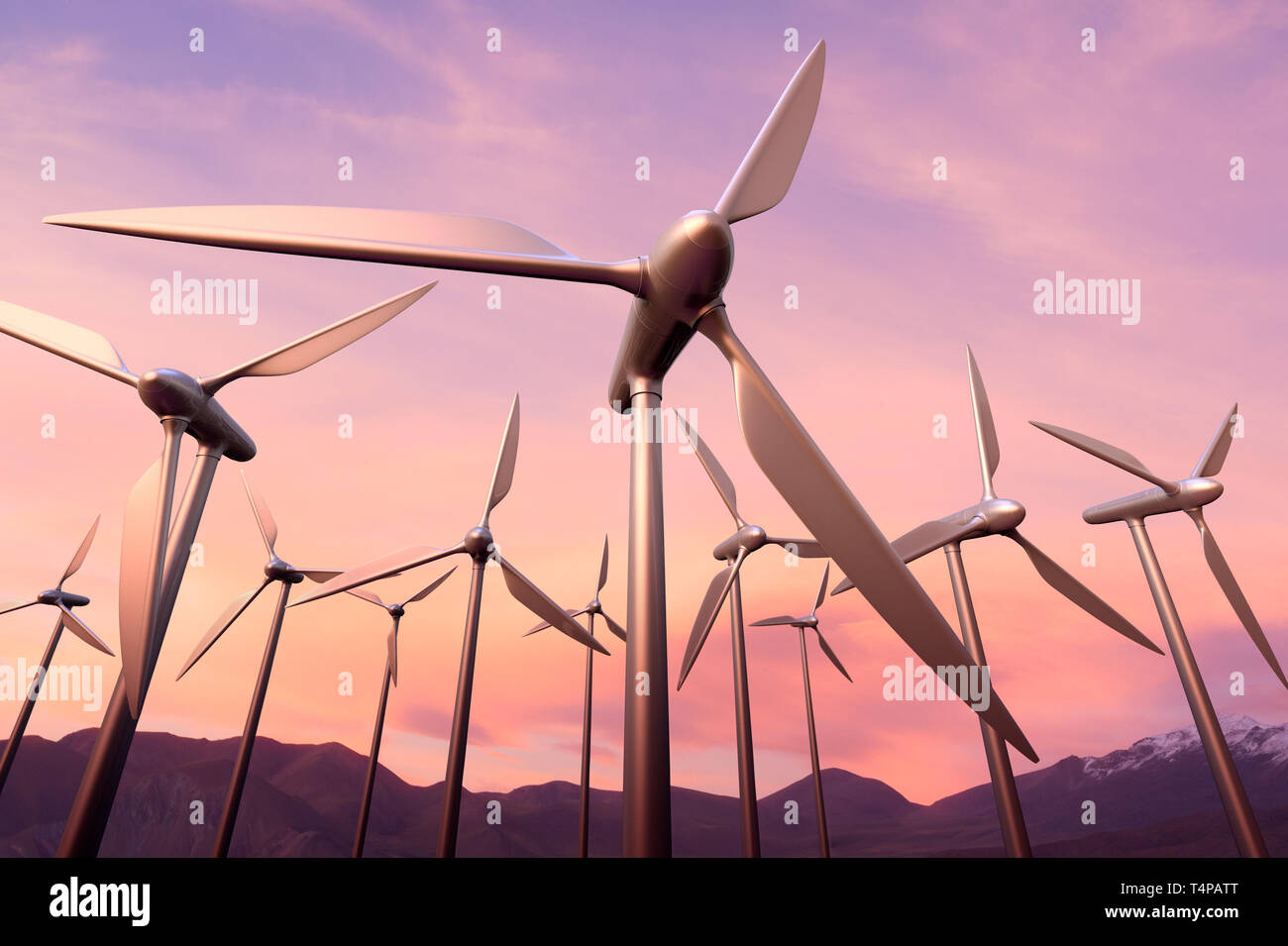 3D-Rendering eines Windparks bei Sonnenuntergang Stockfoto