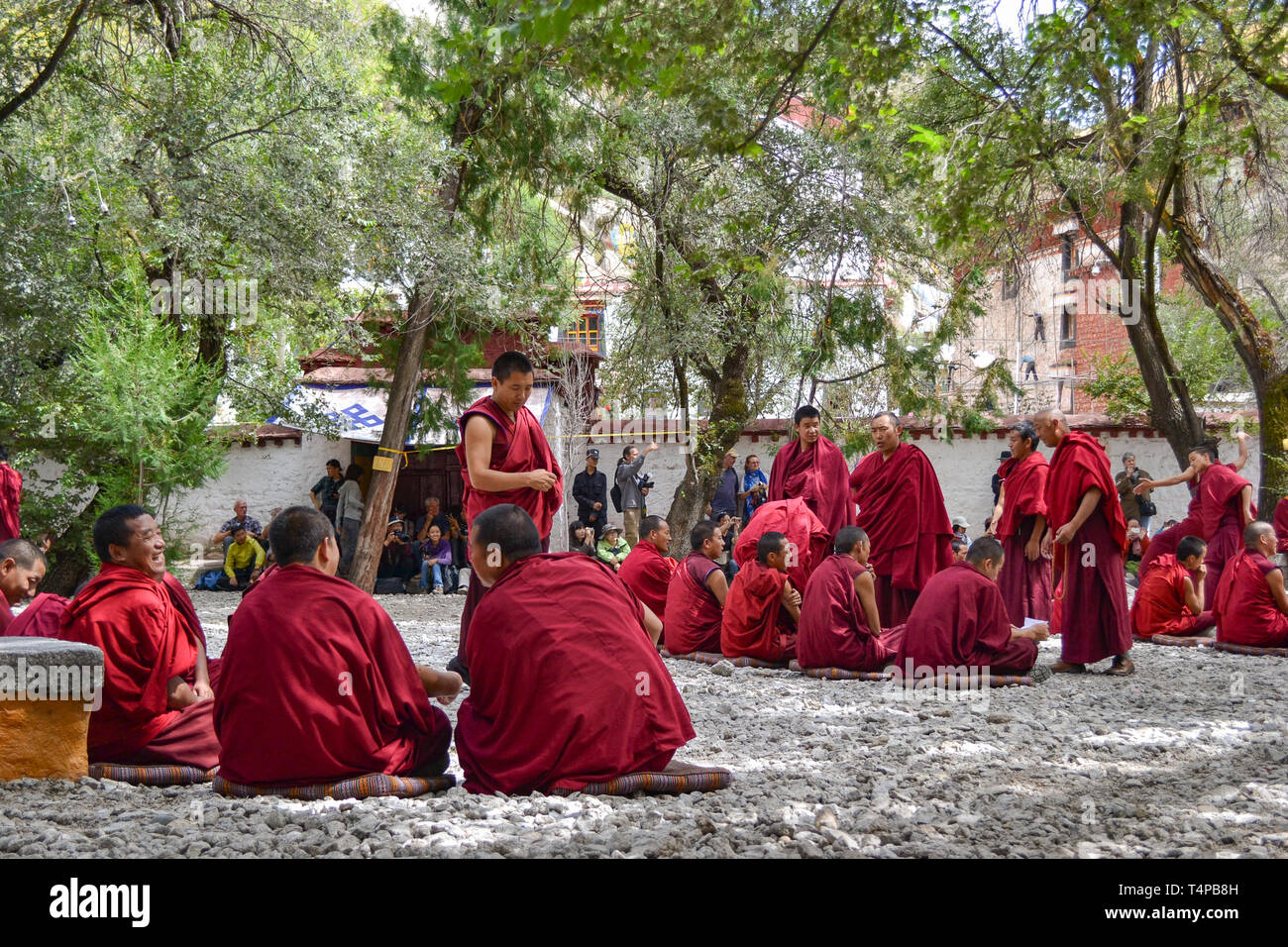 Die Debatten unter den Mönchen auf dem tibetischen Buddhismus lehren im Kloster Sera, Lhasa, Tibet Stockfoto