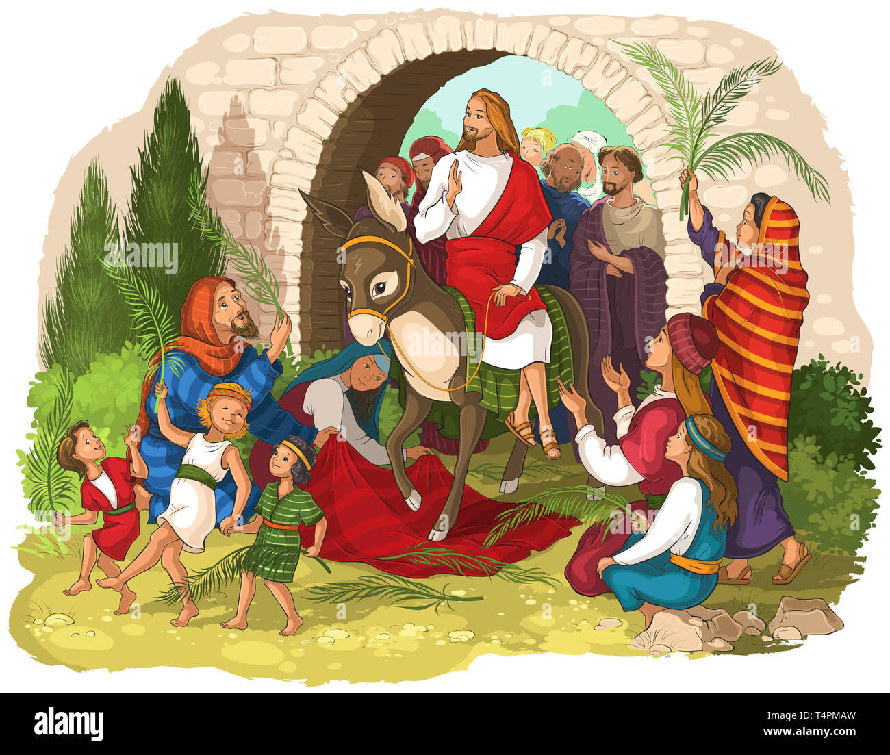 Eintrag Unseres Herrn in Jerusalem (Palmsonntag). Jesus Christus auf einem Esel. Menschenmassen begrüßen ihn mit Palmwedel, verteilen Kleidung vor ihm Stockfoto
