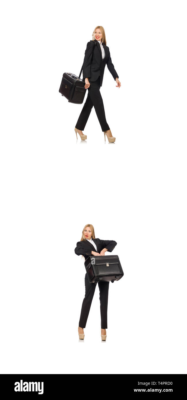 Geschäftsfrau mit Koffer isoliert auf weißem Stockfoto