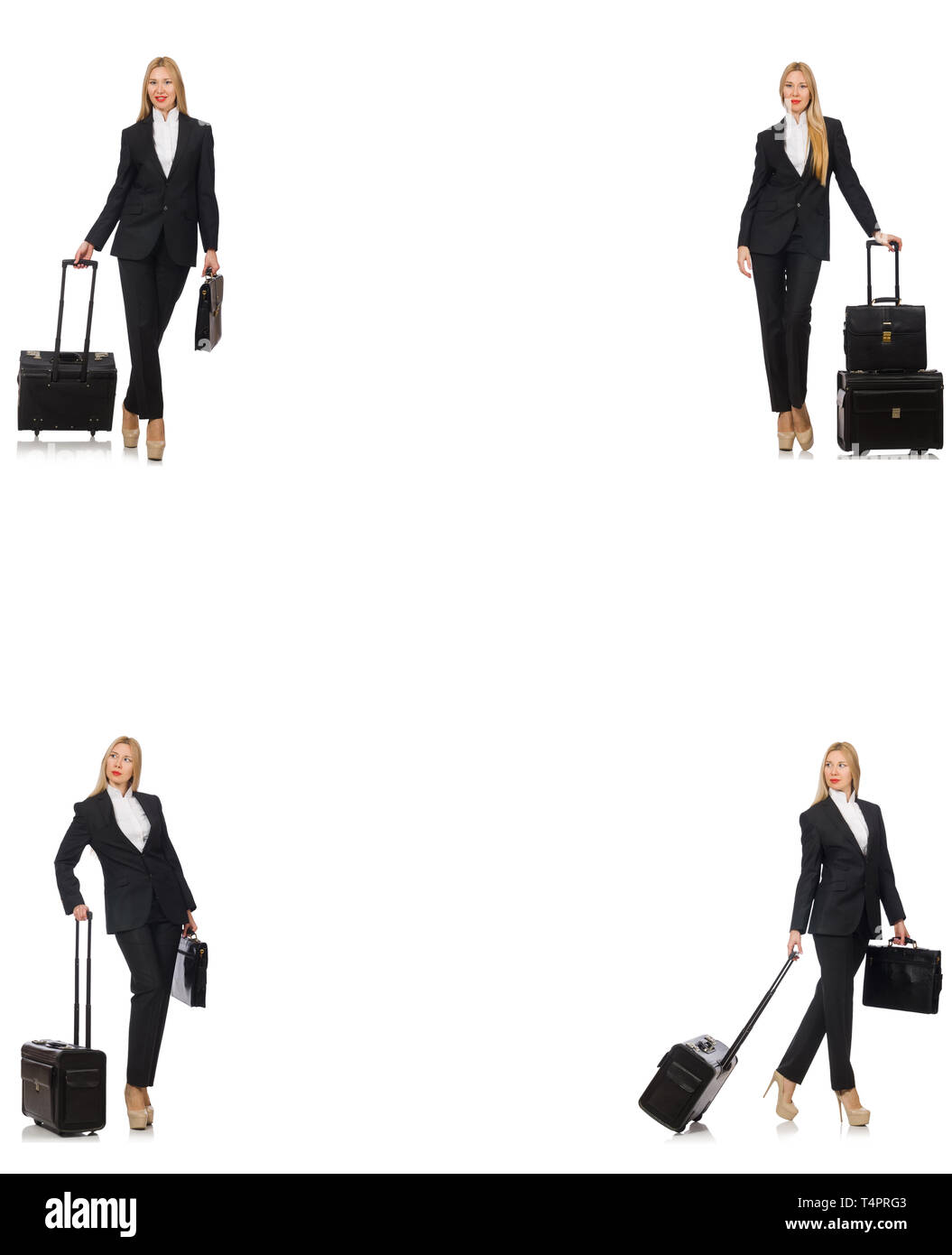 Geschäftsfrau mit Koffer isoliert auf weißem Stockfoto