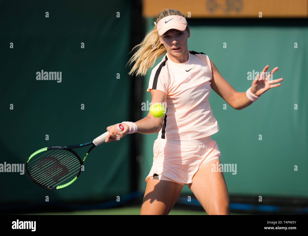 MIAMI, VEREINIGTE STAATEN VON AMERIKA - MÄRZ 20: Katie Boulter von Großbritannien im Miami öffnen WTA Premier Pflichtfeld Tennis Turnier 2018 Stockfoto