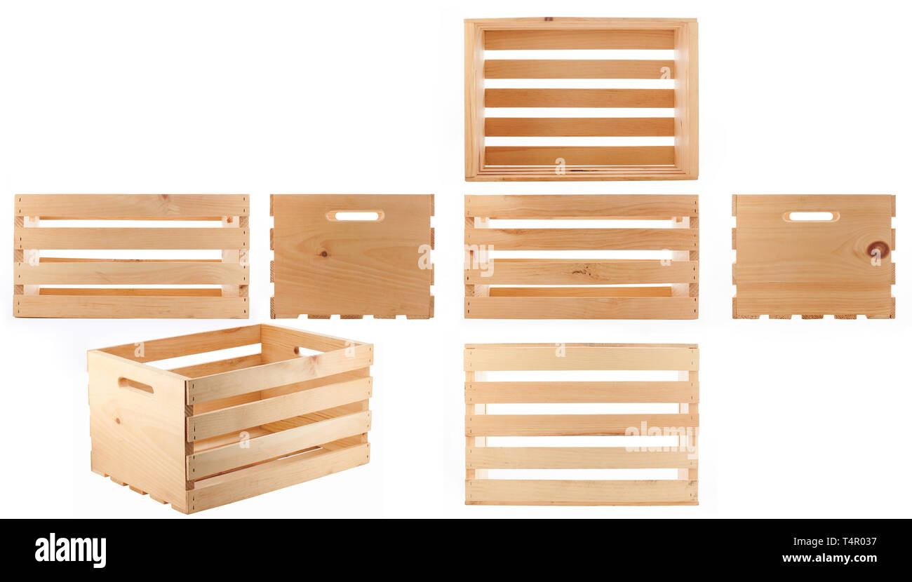 Reinigen Sie leere Holzkiste verschiedene Ansichten isoliert Stockfoto