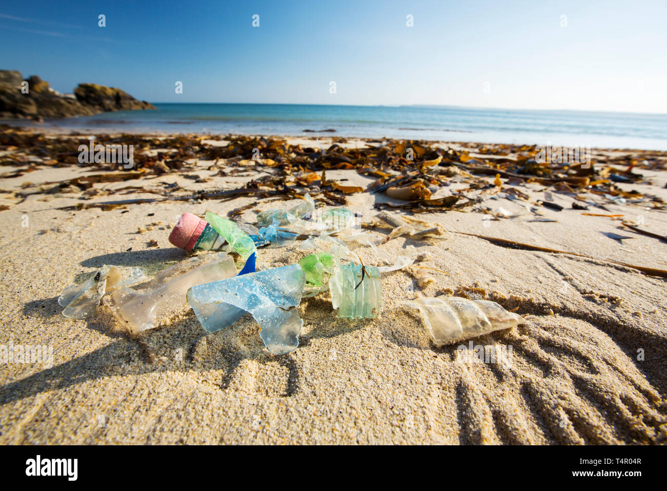 Plastikmüll gewaschen am Strand in St Ives, Cornwall, UK. Stockfoto