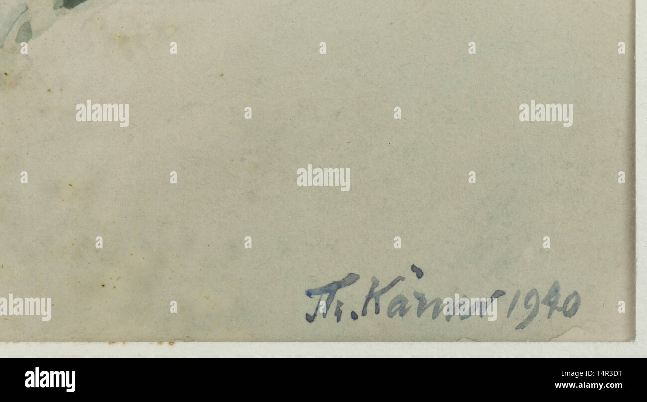 Theodor Kärner - zwei Aquarelle Aquarell auf Papier, arbeiten entweder in der unteren rechten' Th unterzeichnet. Kärner 1940'. Atmosphärische polychromen Malerei in Bezug auf die 'Mountain Hirsch' (Modell Nr. 10) und die 'stehende Roebuck' (Modell Nr. 80). Im alten Rahmen aus Glas, geklebt. Abmessungen der entweder Malerei ca. 22,5 x 17,5 cm. Abmessungen der Rahmen ca. 67 x 51,5 cm. Zeichen des Alters. Widmungen am unteren Rahmen bars mit Zusätzen von später. Einzigartige Stücke von ausgezeichneter Qualität. historischen, geschichtlichen, Porzellan, Porzellan, 20. Jahrhundert, Additional-Rights - Clearance-Info - Not-Available Stockfoto