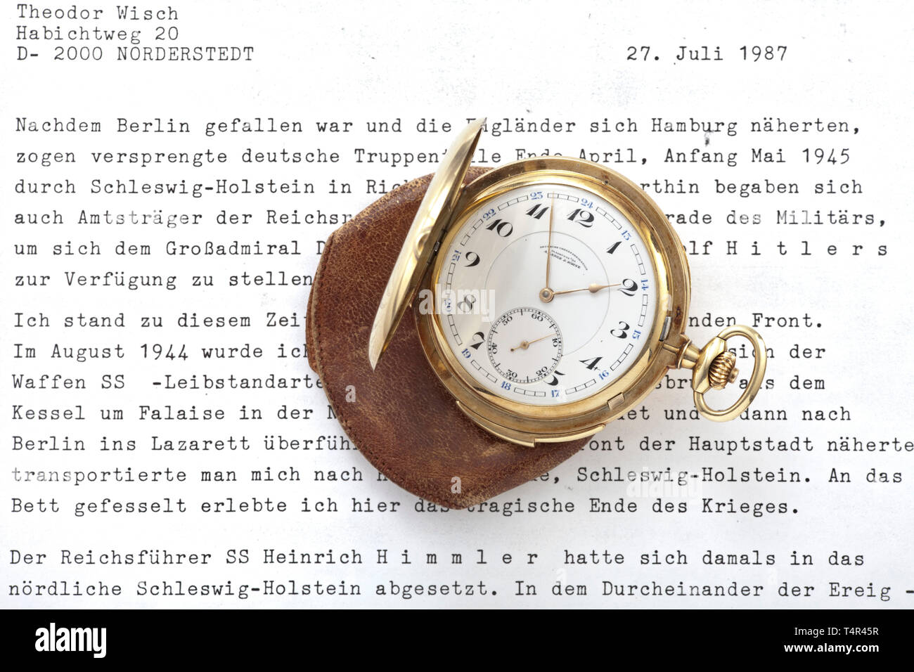 Adolf Hitler - eine Präsentation Taschenuhr Reichsführer-SS Heinrich Himmler, Weihnachten 1935 - von Lange & Söhne/Glashütte I/SA. Gold hunter Fall Taschenuhr. Mehrere Marken, Feinheit "0,585", Krone und der Firmenname "Glashütte A. Lange & Söhn des 20. Jahrhunderts, Editorial-Use - Nur Stockfoto
