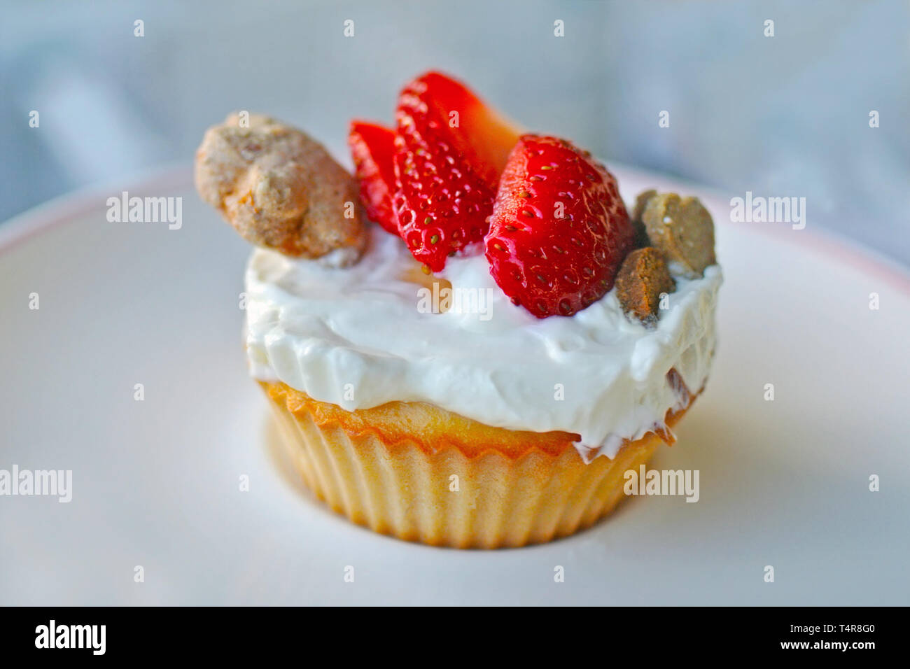 Hund Cupcake mit Ei gemacht und gekrönt mit Joghurt, Erdbeeren und gebackene Hundekekse mit auf weiße Platte Stockfoto