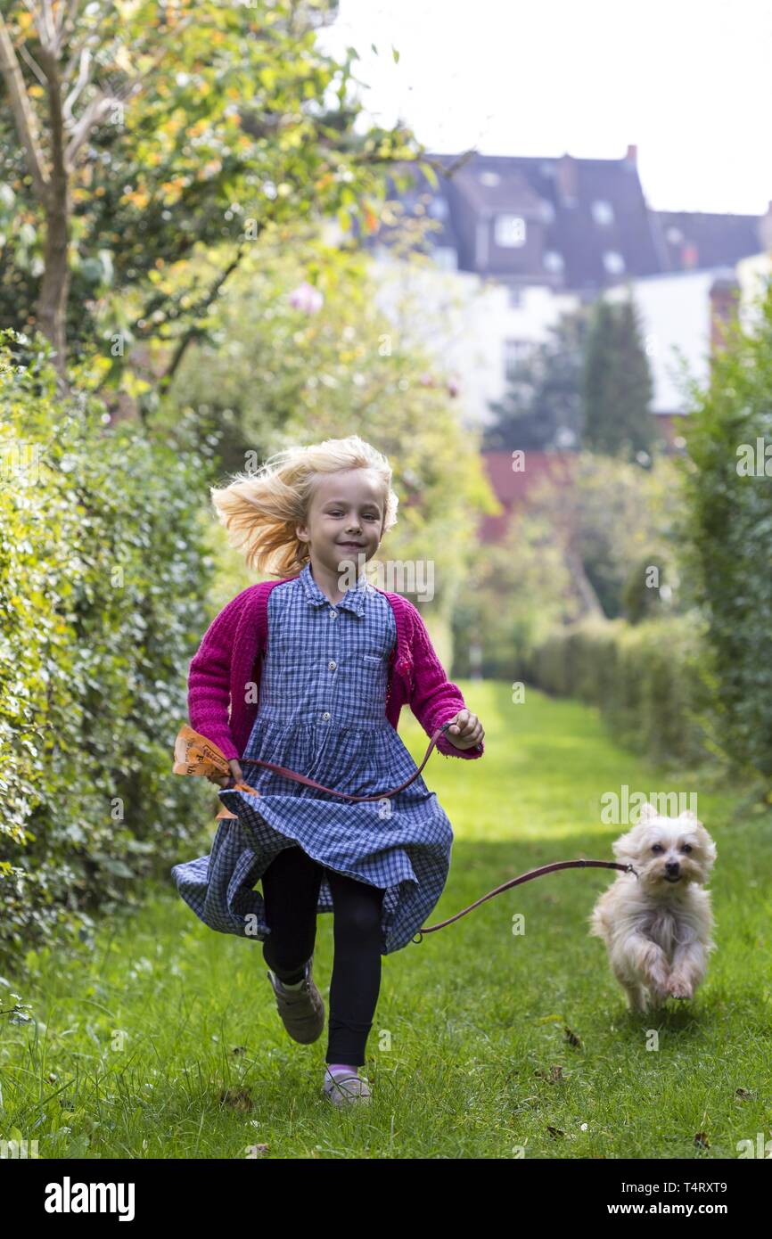 Mädchen (6) mit Hund, Spaziergang mit dem Hund, Kiel, Deutschland, Europa Stockfoto