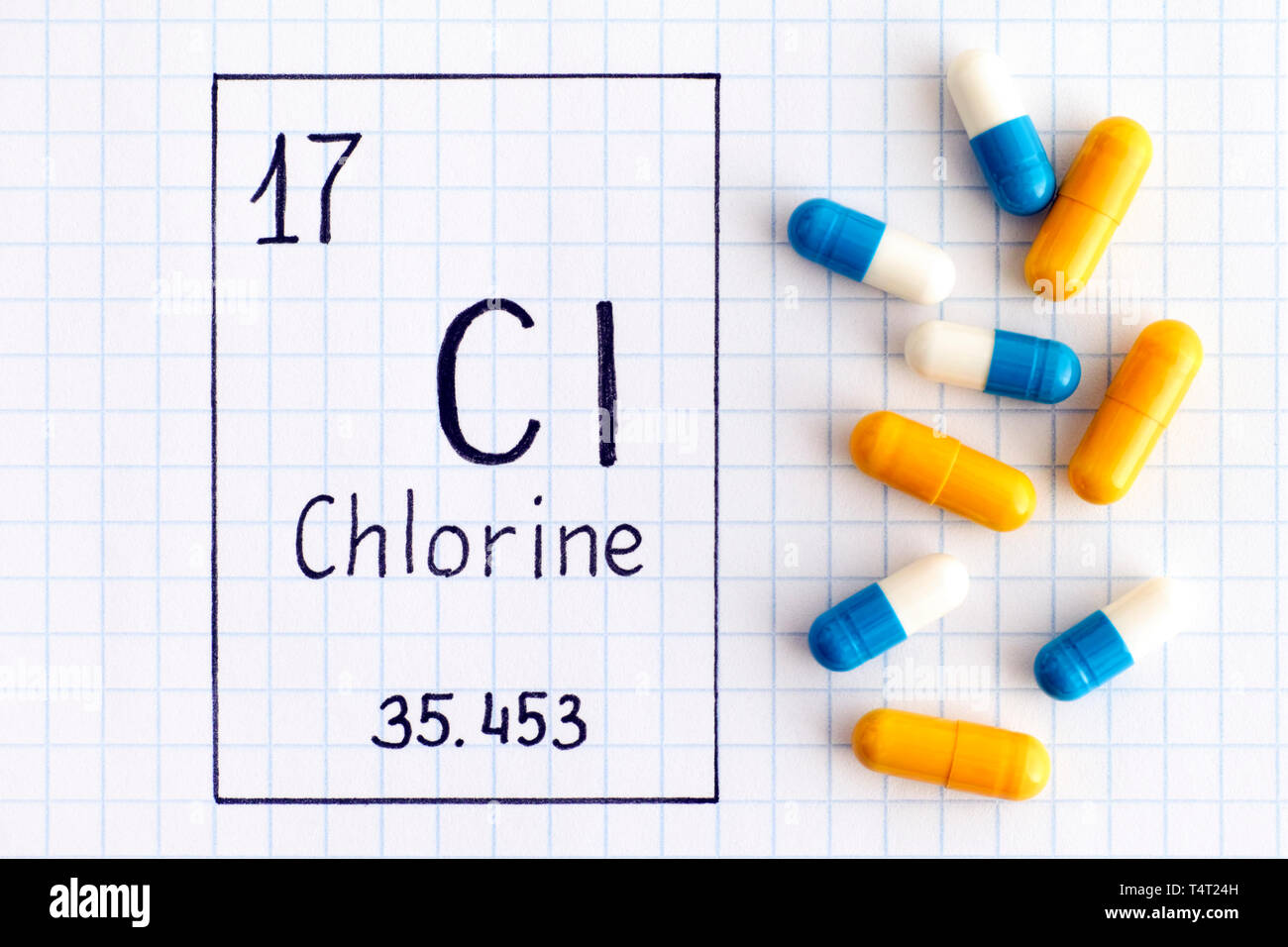 Handschrift chemische Element Chlor Cl mit ein paar Pillen. Close-up. Stockfoto