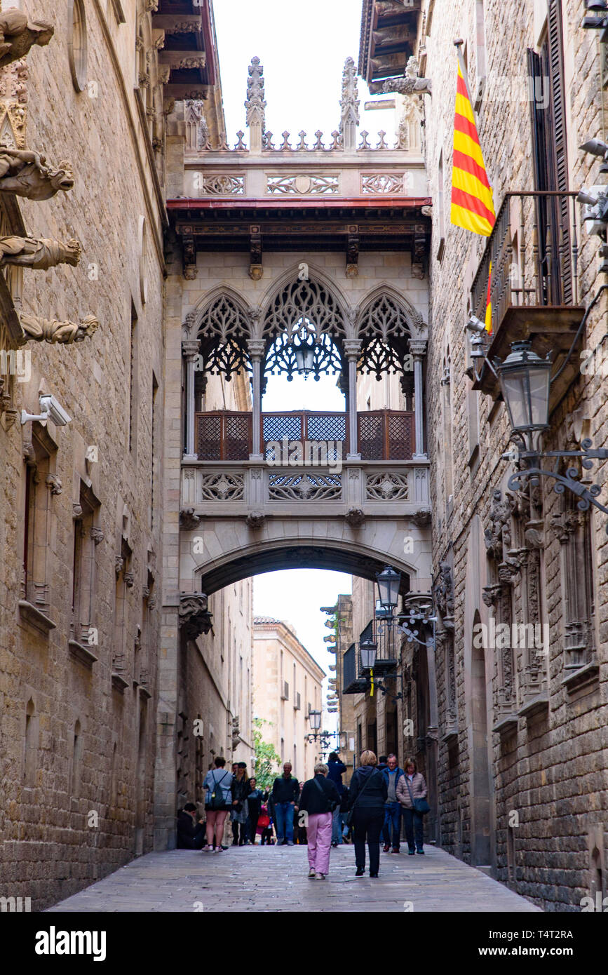 Bishop's Bridge (El Pont del Bisbe) im Gotischen Viertel von Barcelona, Spanien Stockfoto