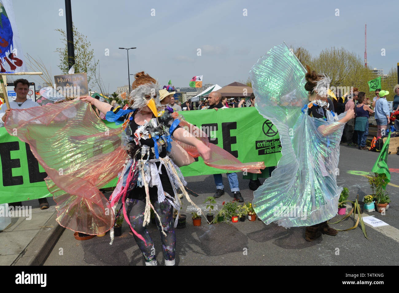 Aussterben Rebellion Protest in London. Umweltaktivisten blockieren den Verkehr auf der Waterloo Bridge. Stockfoto