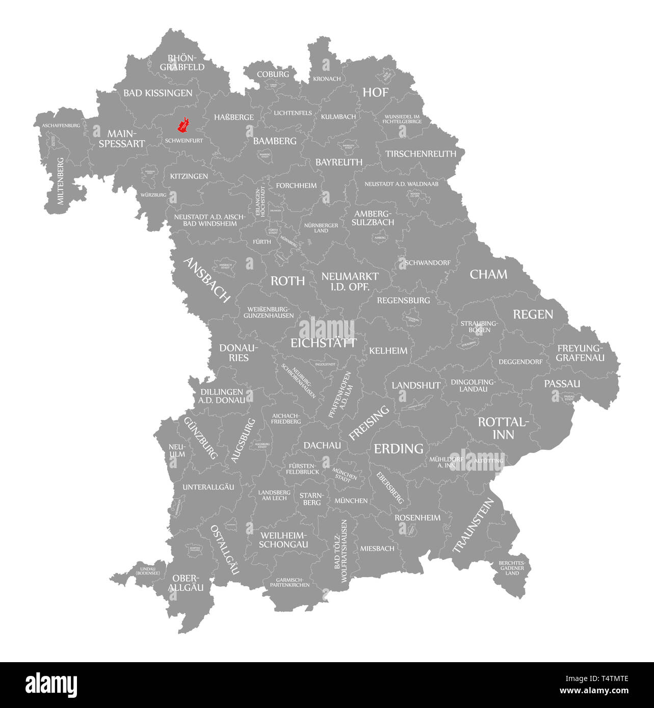Schweinfurt Stadt rot in der Karte von Bayern Deutschland hervorgehoben Stockfoto