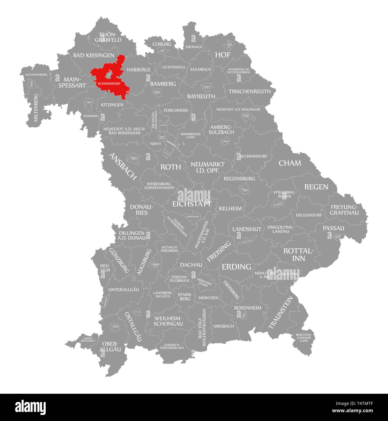 Schweinfurt County in Rot hervorgehoben Karte von Bayern Deutschland Stockfoto