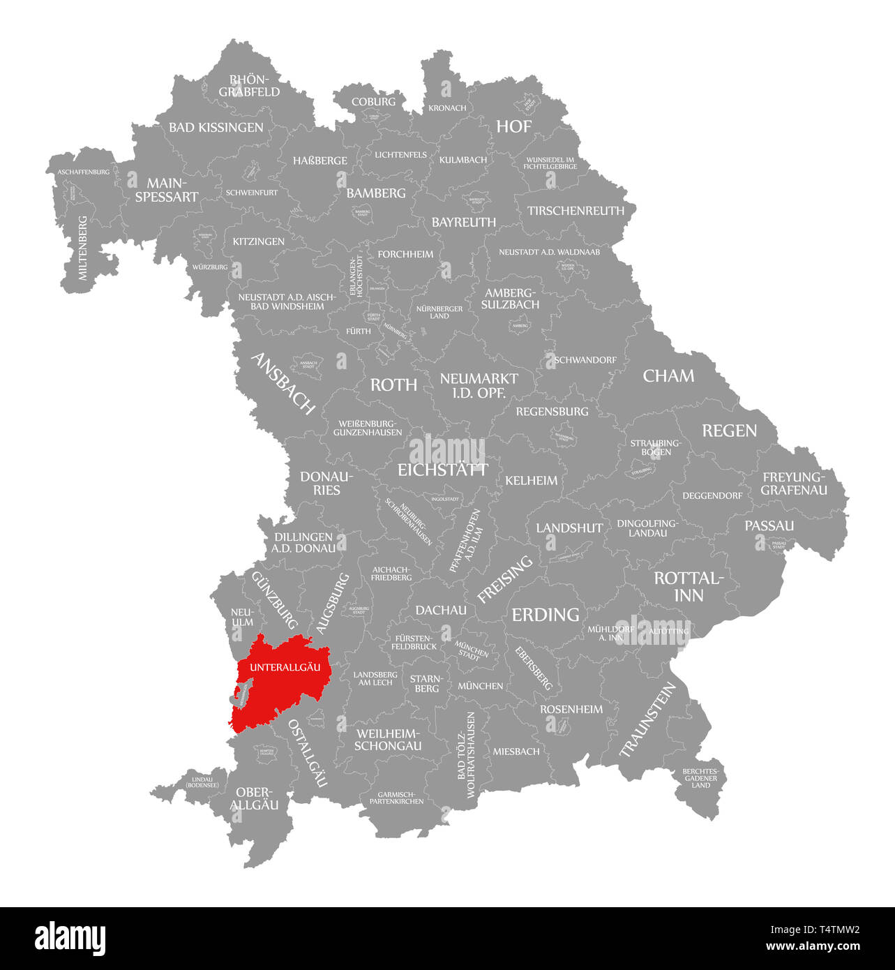 Unterallgaeu County in Rot hervorgehoben Karte von Bayern Deutschland Stockfoto