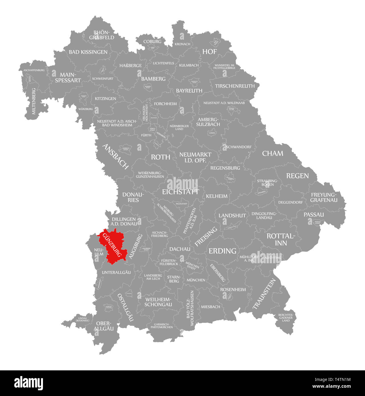 Günzburg County in Rot hervorgehoben Karte von Bayern Deutschland