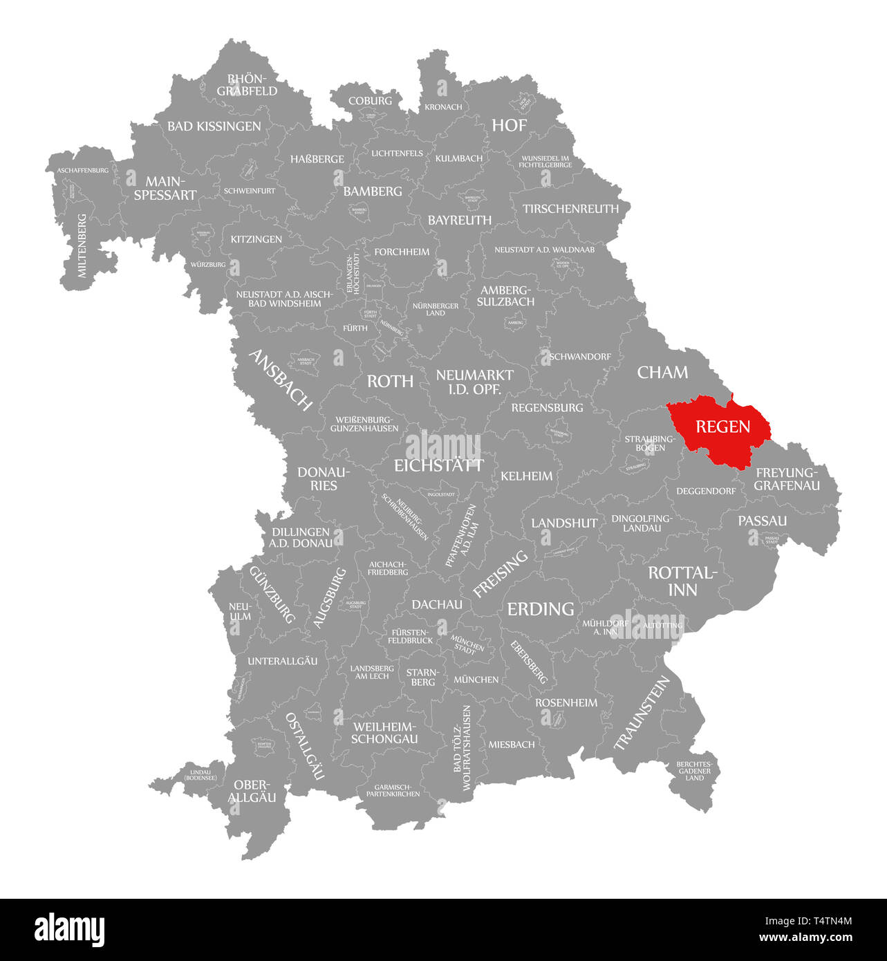 Regen County in Rot hervorgehoben Karte von Bayern Deutschland Stockfoto