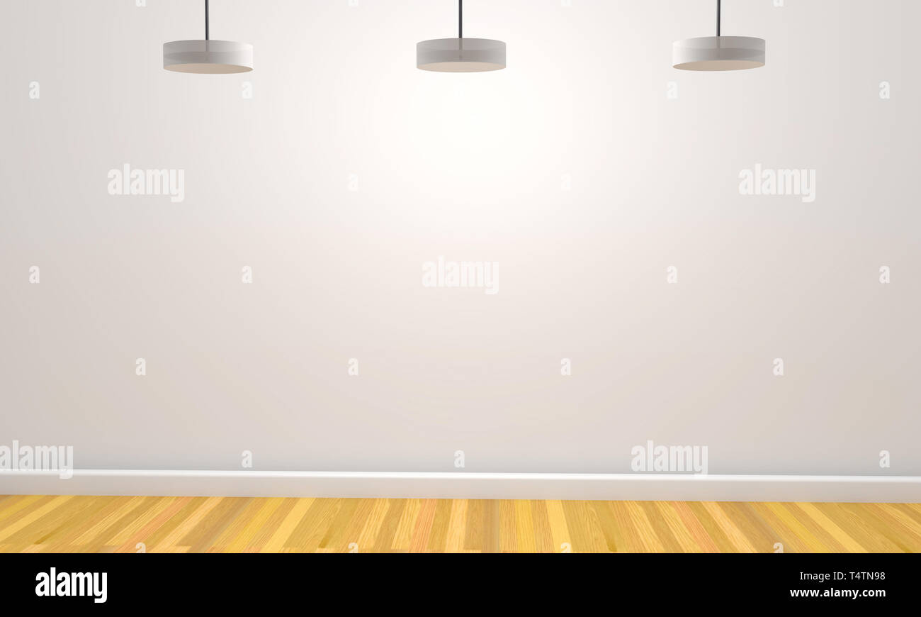 Art Gallery oder modernen Aprtment leere Wand mit 3 Overhead modernen Lampenschirme und Holzboden Stockfoto