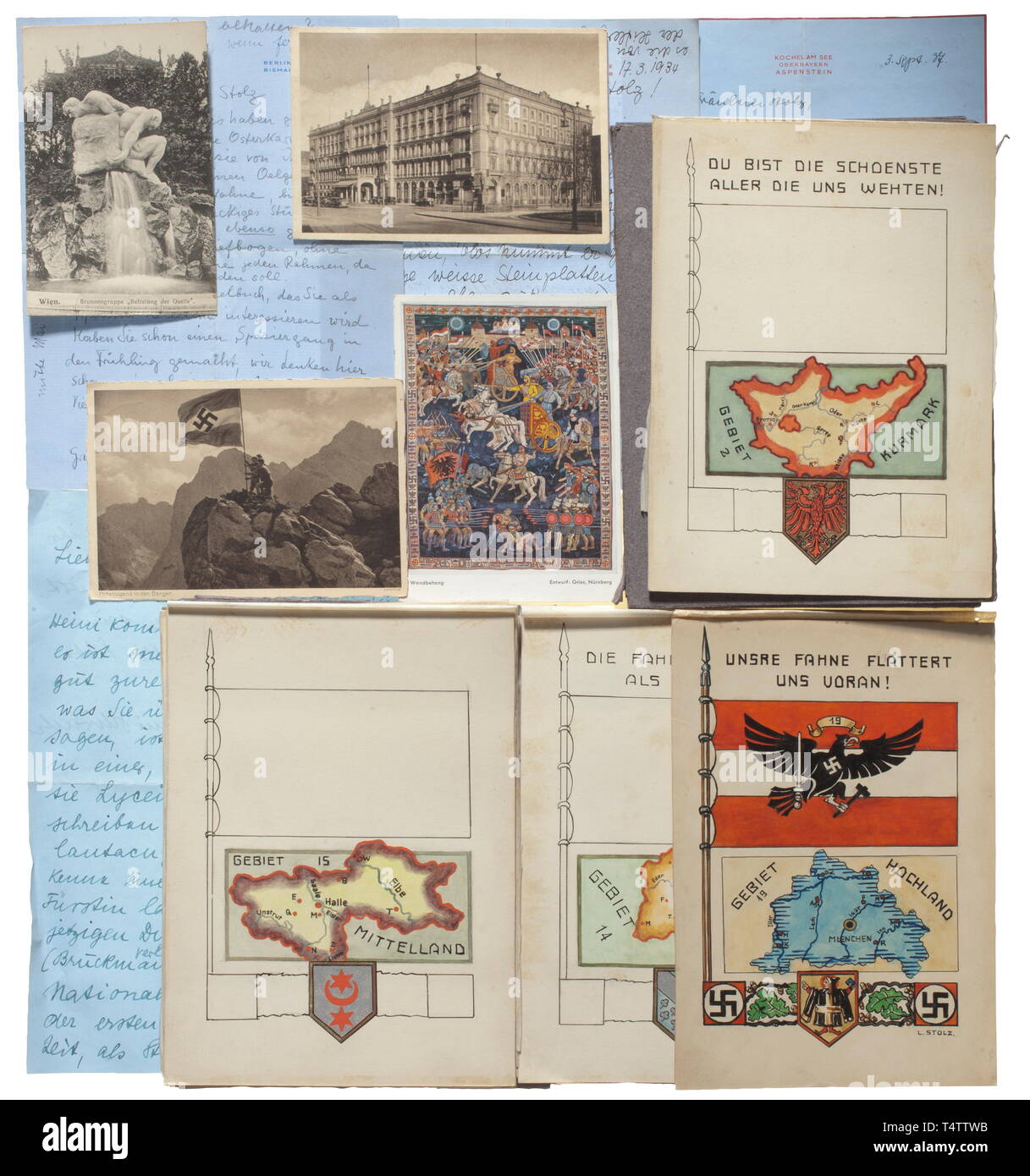 Henni Henriette ('') von Schirach - original Designs für HJ Postkarten und Briefe zwei Handgefertigten Ordner, vom Mai 1935 und unterzeichnete mit je 12 original Designs durch den Grafiker Louise Stolz. Schwarze Tinte und gouache Farbe auf Pappe, jedes Design, geschützt durch eine transparente Papier abdecken. Vertreten sind unter anderem die Bezirke der Hochland, Mittelland, Mittelelbe, Thüringen, Hessen und Württemberg. Abmessungen Ca. 15 x 22 cm. Enthalten sind fünf persönliche Briefe und sieben Postkarten (1934 - 1938) von henni von Schirach an den Grafiker, sowie auf ein Schreiben unterzeichnet, Editorial-Use - Nur Stockfoto
