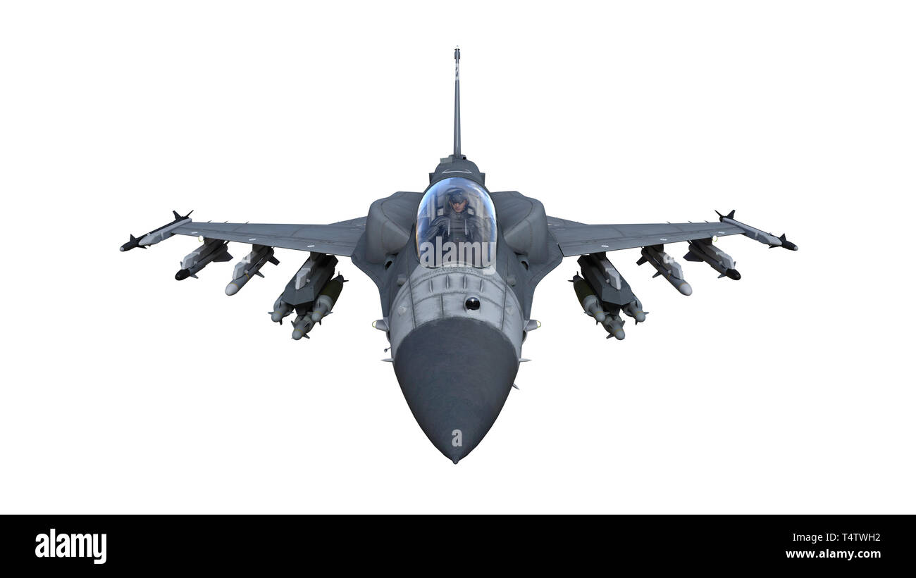 Fighter jet Flugzeug im Flug, Militärflugzeuge, Armee Flugzeug auf weißem Hintergrund, vorne, oben, 3D-Rendering Stockfoto