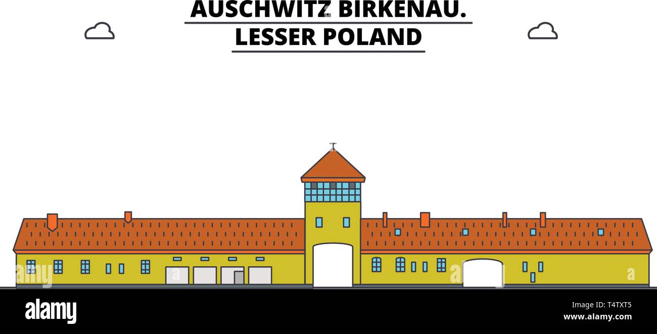 Polen, Auschwitz Birkenau, Reisen skyline Vector Illustration. Stock Vektor