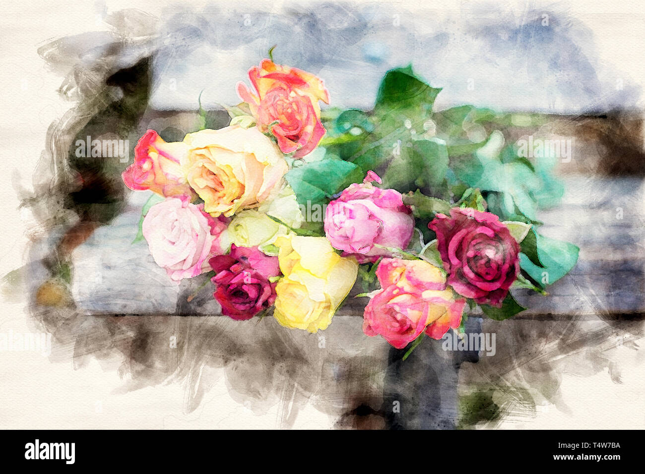 Ein Bündel von Roses liegt auf einer Bank in einem Park in Aquarell Stockfoto