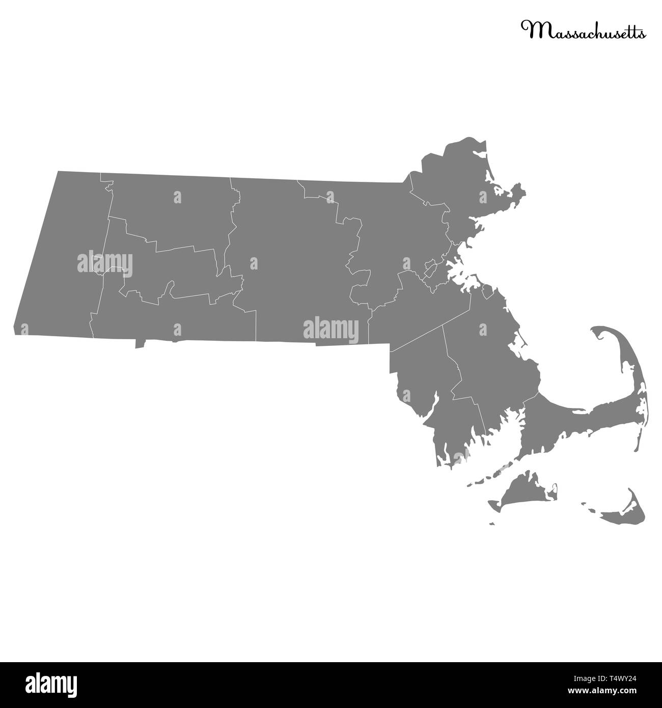 Hohe Qualität Karte von Massachusetts ist ein Staat der Vereinigten Staaten mit Grenzen der Grafschaften Stock Vektor