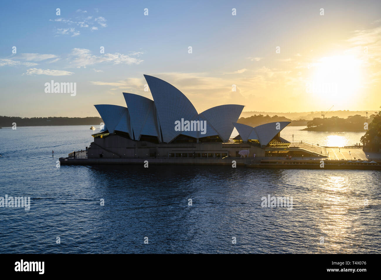 Dawn Aussicht auf Sydney Opera House, einem Zentrum für darstellende Kunst im Hafen von Sydney, New South Wales, Australien. Von Jørn Utzon entworfen, es öffnete im Jahr 1973. Stockfoto