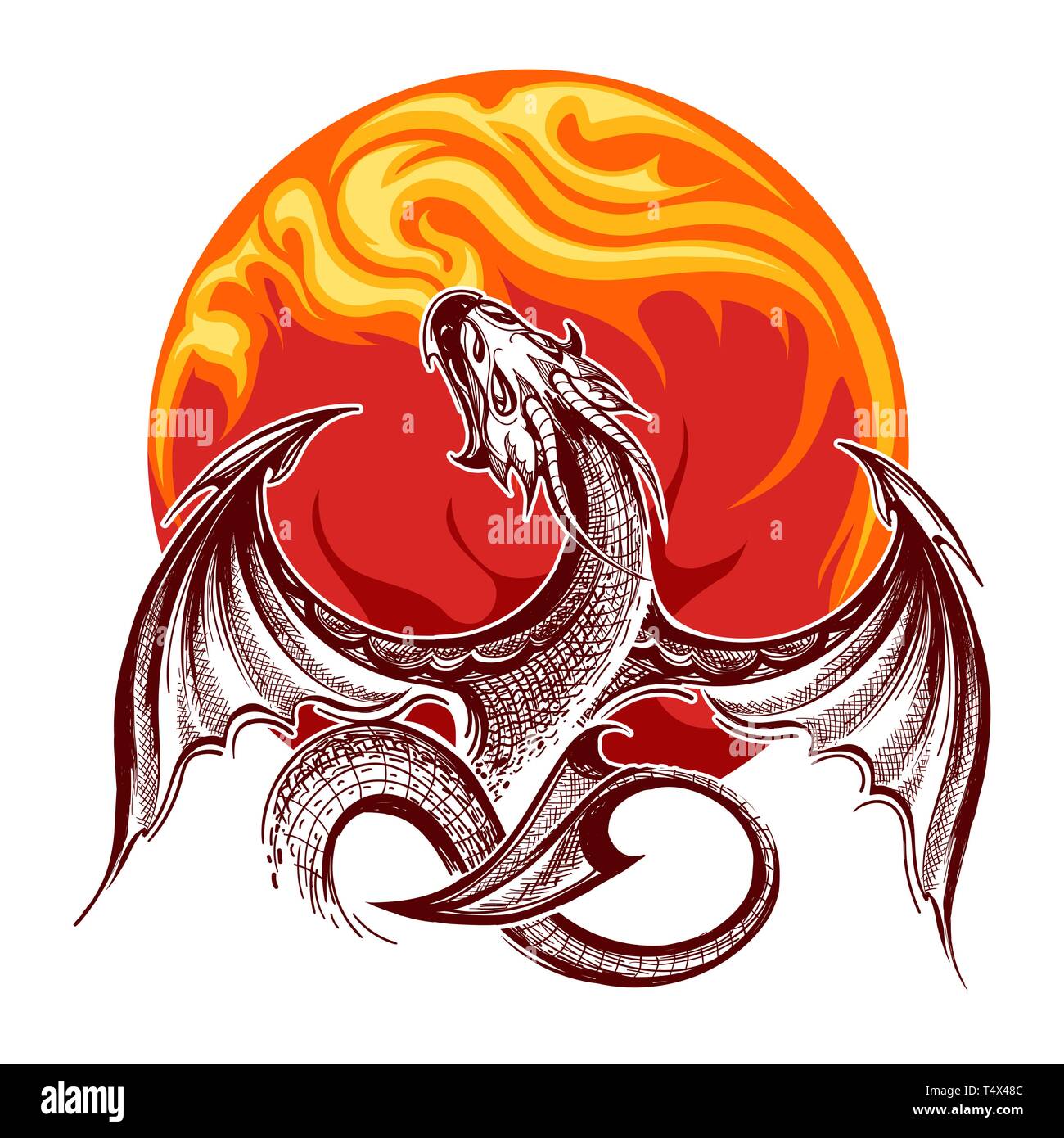 Fliegende Drachen auf Flamme Hintergrund. Vector Illustration. Stock Vektor
