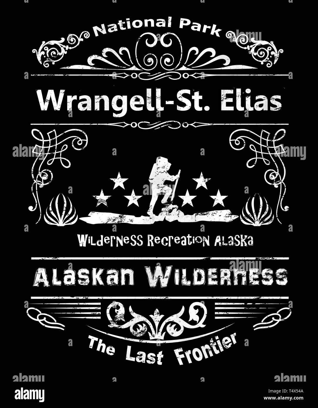 Cool vintage grunge Grafik von beeindruckenden Nationalpark in Alaska Wrangell-St. Elias, die letzte Grenze in der alaskischen Wildnis. Hat ein Wanderer. Stockfoto