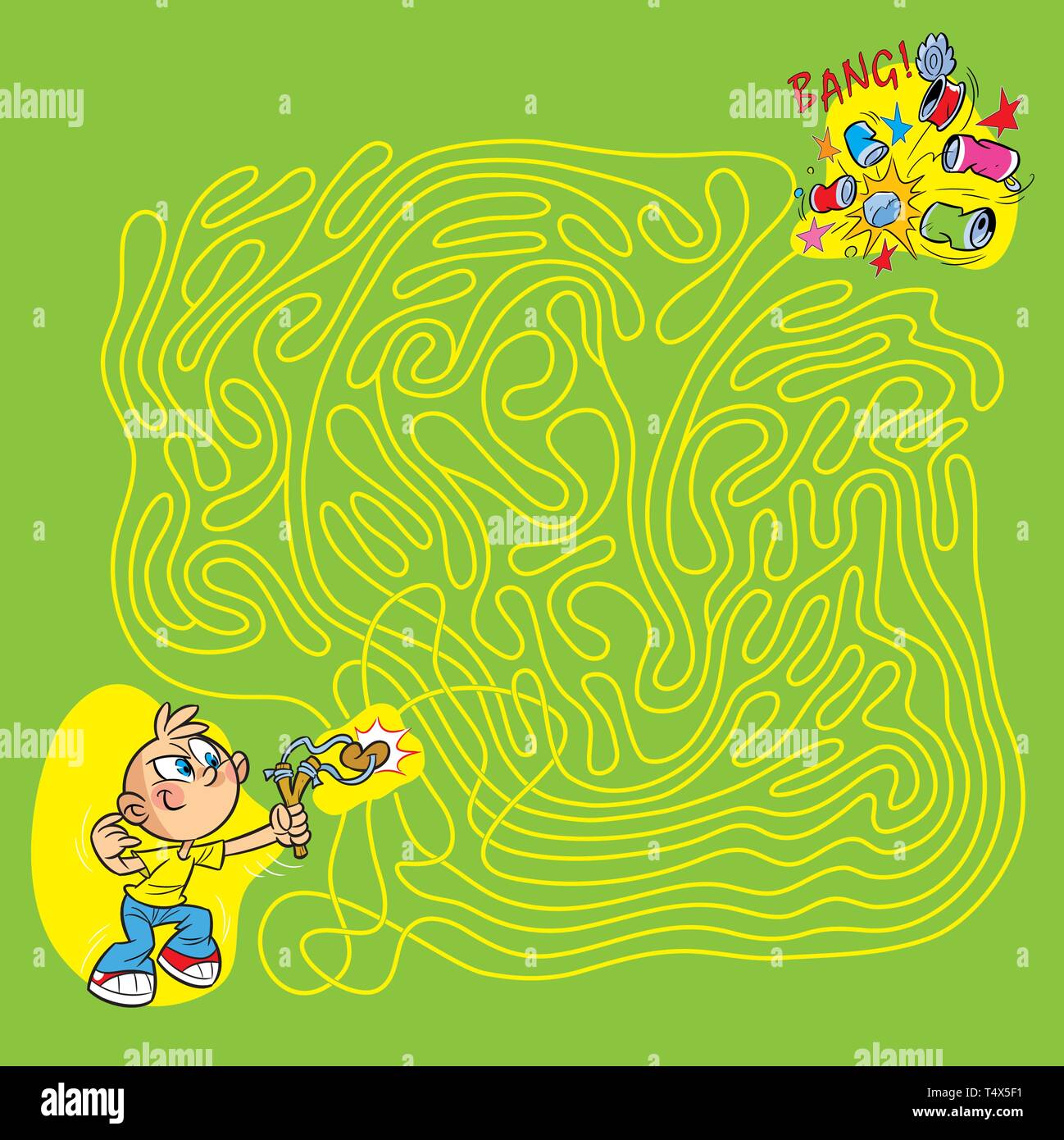 Auf Vektor illustration Labyrinth Puzzle, in dem ein Junge bully schießt mit einer Schleuder auf den Dosen Stock Vektor