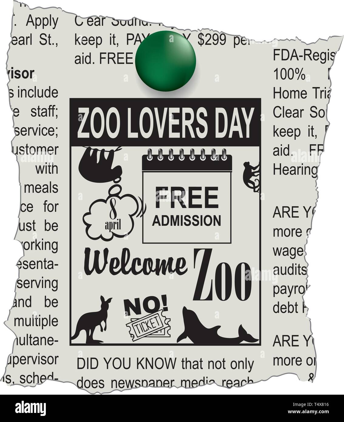 Anzeige in der Zeitung Willkommen im Zoo. Eintritt frei - Zoo Liebhaber Tag Stock Vektor