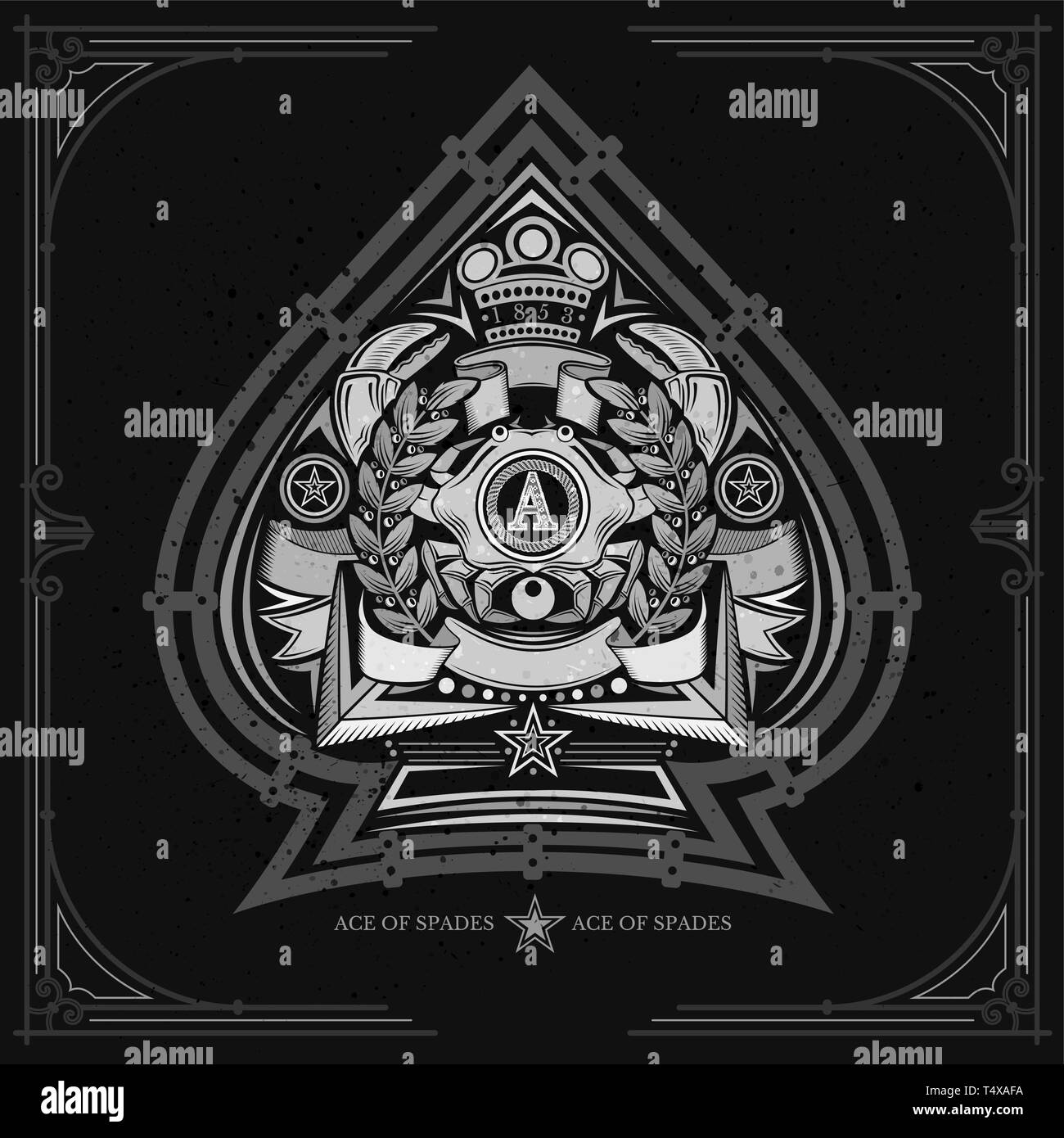 Ace of Spades Form mit krabben zwischen Laurel wreth und gekreuzten Harpune im Inneren. Design Playing Card Element, Weiß auf Schwarz Stock Vektor