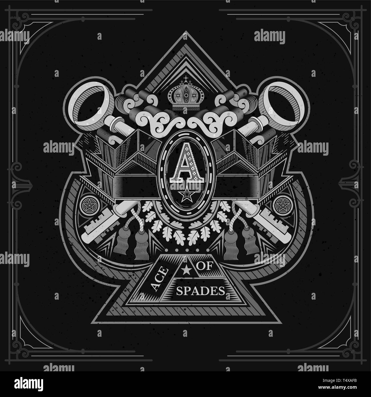 Ace of Spades Form mit gekreuzten Schlüssel und Vintage Elemente im Inneren. Design Playing Card Element, Weiß auf Schwarz Stock Vektor