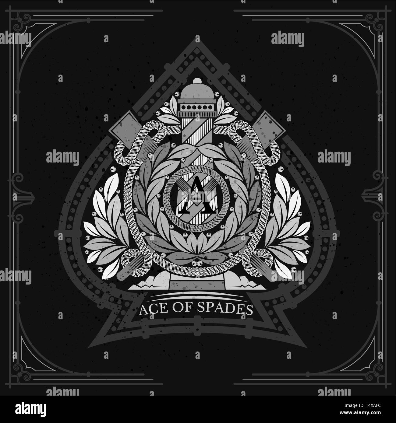 Ace of Spades Form mit Leuchtturm zwischen Laurel wreth und überquerte den Plattenelektroden. Design Playing Card Element, Weiß auf Schwarz Stock Vektor