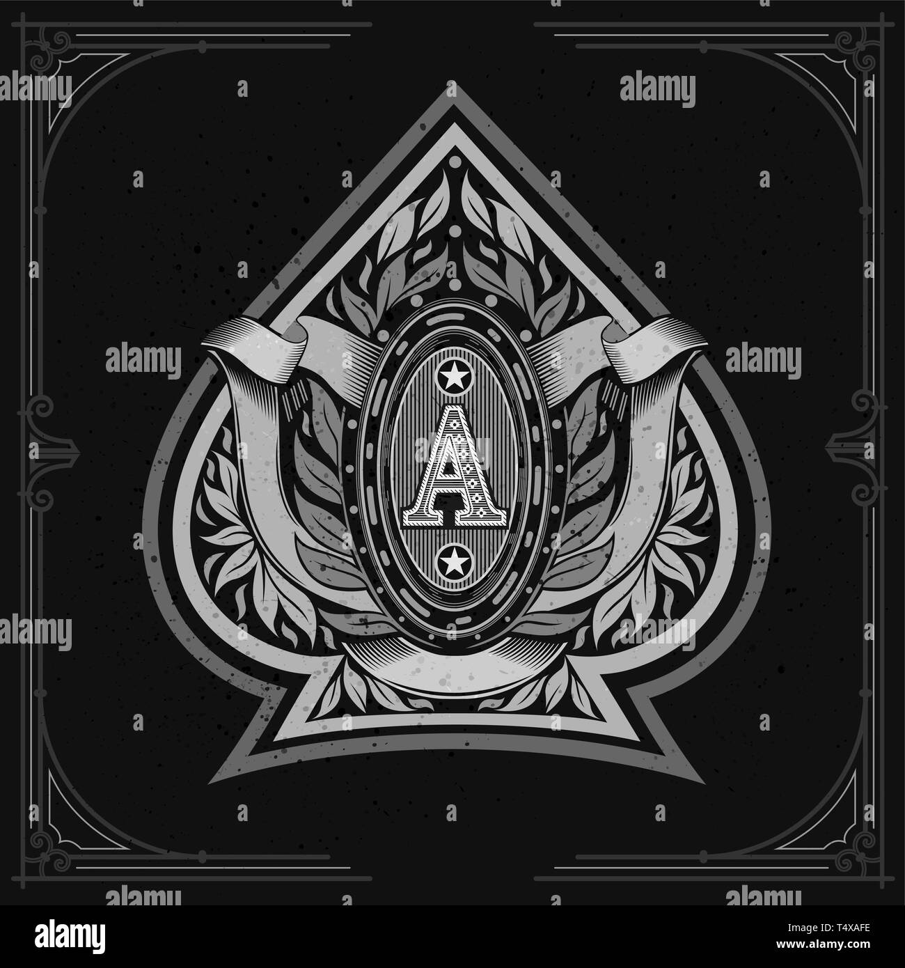 Ace of Spades Form mit ovalen Rahmen zwischen Laurel wreth und Farbband. Design Playing Card Element, Weiß auf Schwarz Stock Vektor